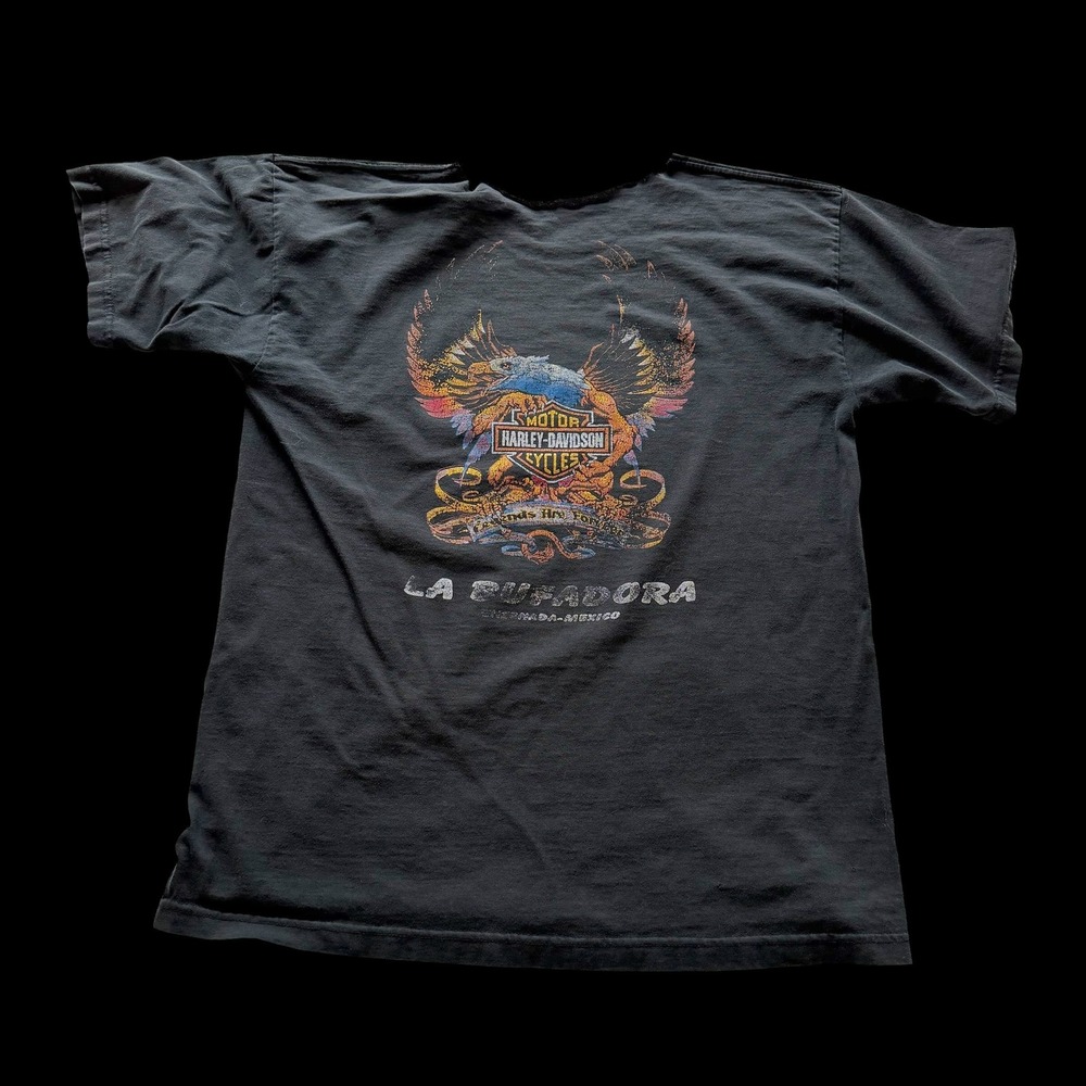 Y2K Harley Davidson La Bufadora Ensenada Mexico T-Shirt Black Cut Neck Mens L